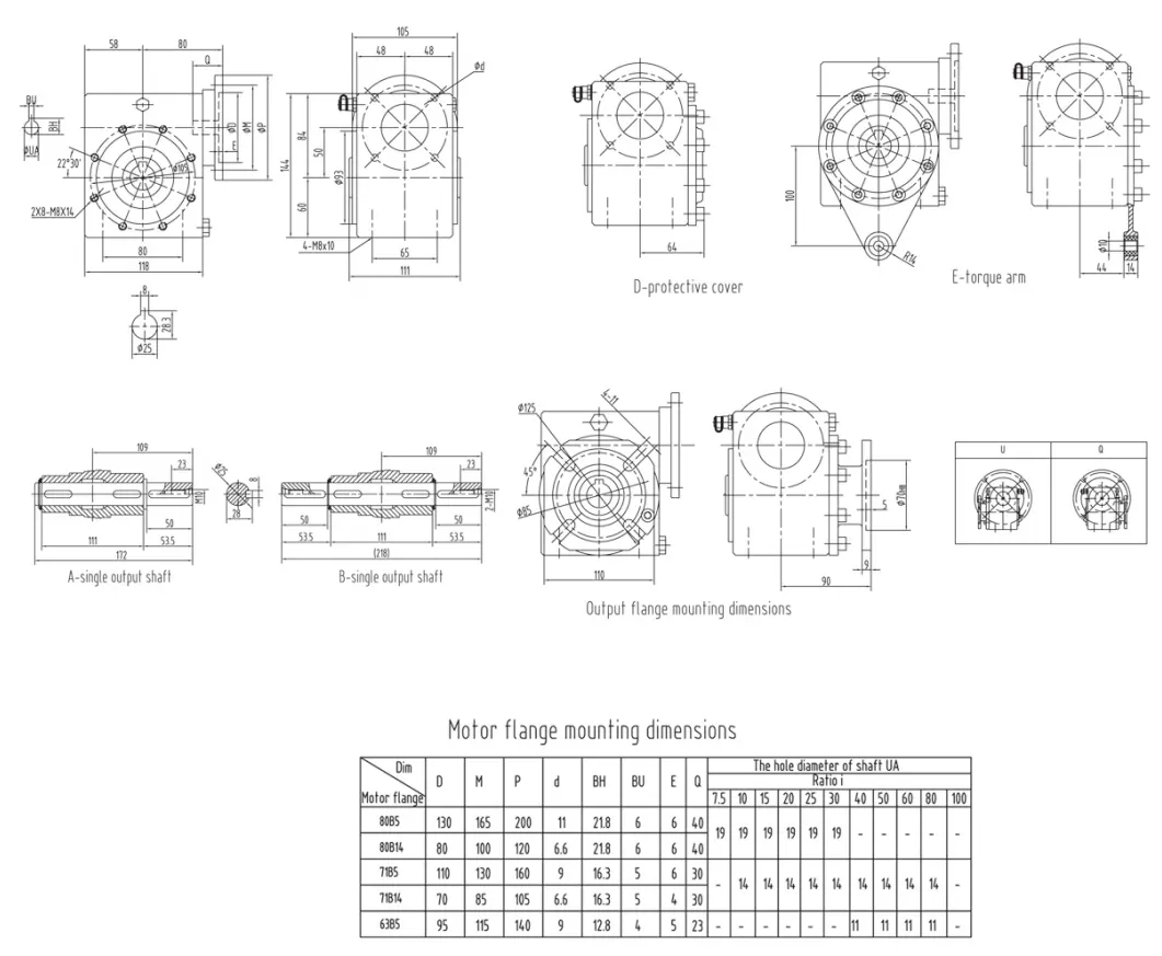 SSGM-050 stainless steel worm gearbox installation dimension drawing