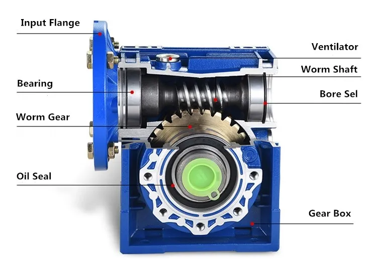 GBC-NMRV-VS worm gearbox exploded parts structure showing dual input shafts, IEC flange, worm gear, bearings, seals, and housing