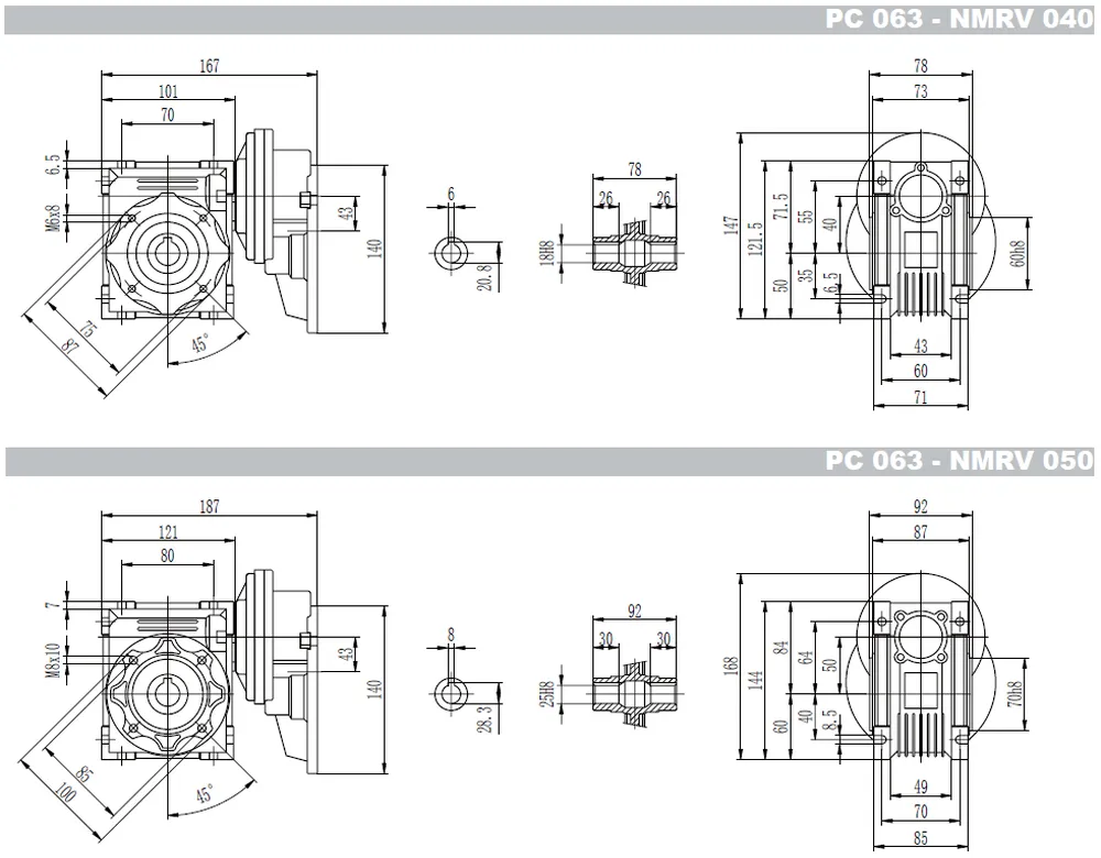 PC + GBC-NMRV worm gearbox dimensions selection table 1 — PC063+NMRV040, PC063+NMRV050 combinations