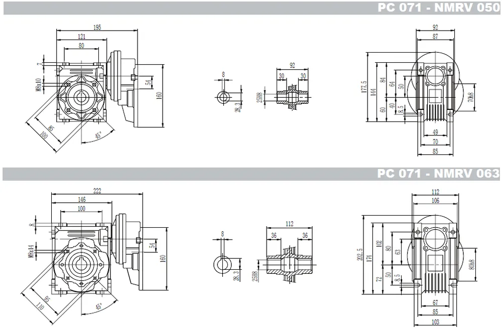 PC + GBC-NMRV worm gearbox dimensions selection table 3