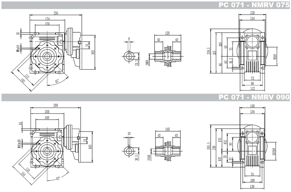 PC + GBC-NMRV worm gearbox dimensions selection table 4
