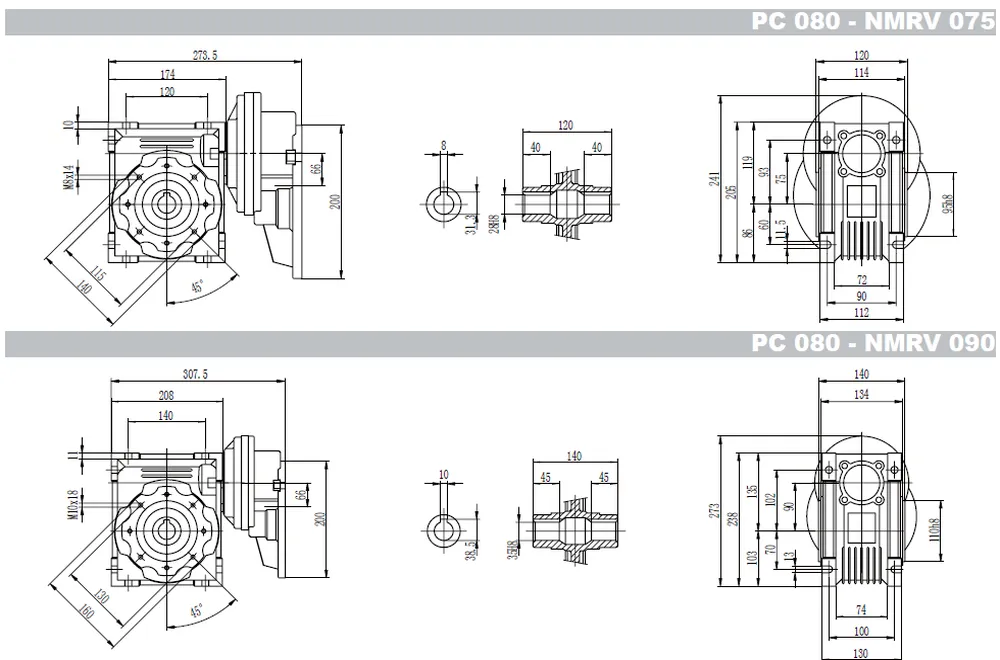 PC + GBC-NMRV worm gearbox dimensions selection table 5