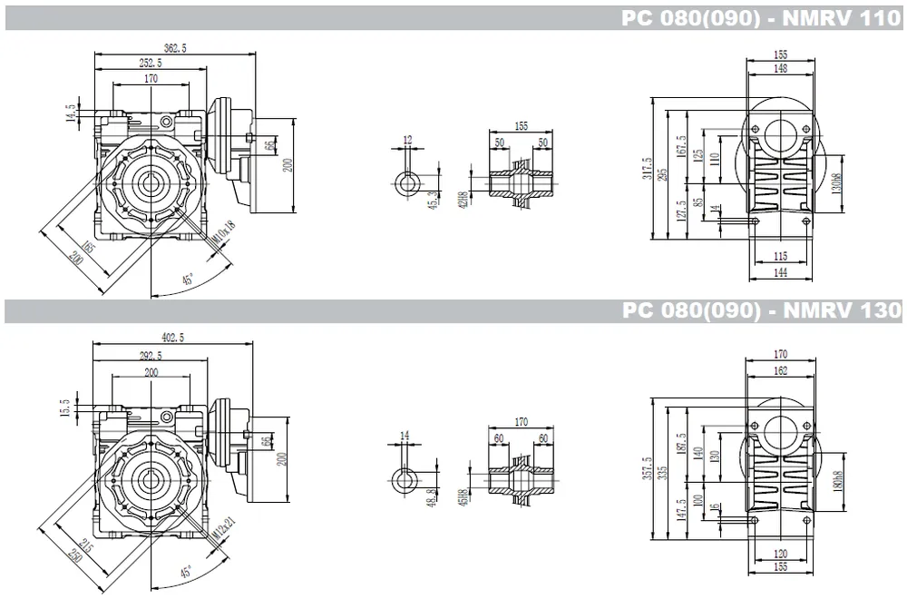 PC + GBC-NMRV worm gearbox dimensions selection table 6
