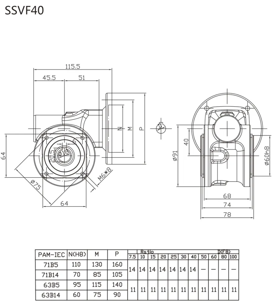SSVF-040 stainless steel worm reduction gearbox dimension