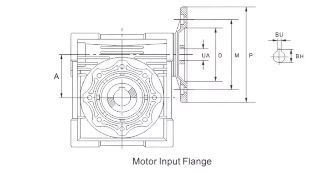 GBC-NMRV aluminum worm gearbox outline installation size drawing with key mounting dimensions for models NMRV030 to NMRV150