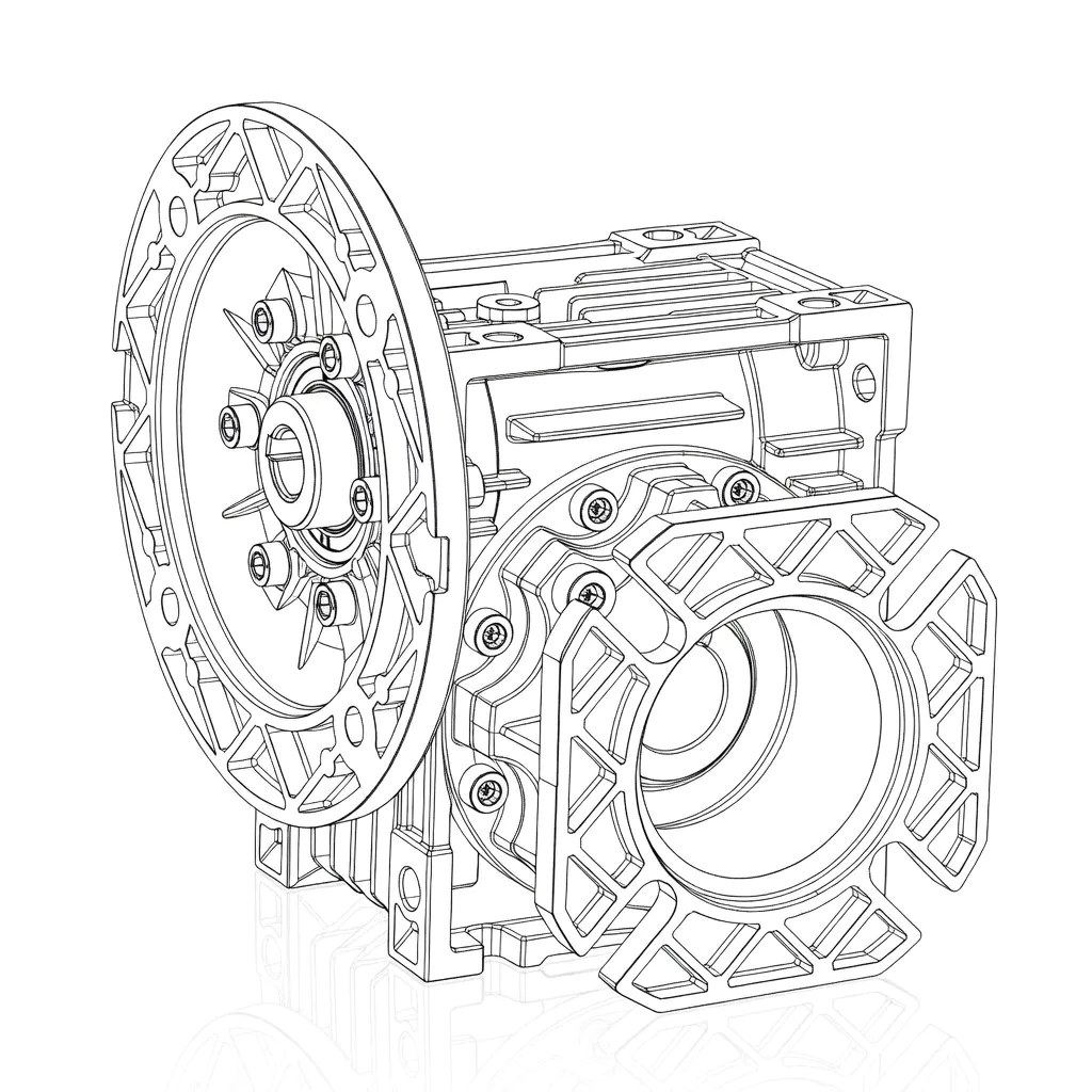GBC-NMRV-F worm gearbox close-up showing aluminum housing, IEC input flange, and square output flange