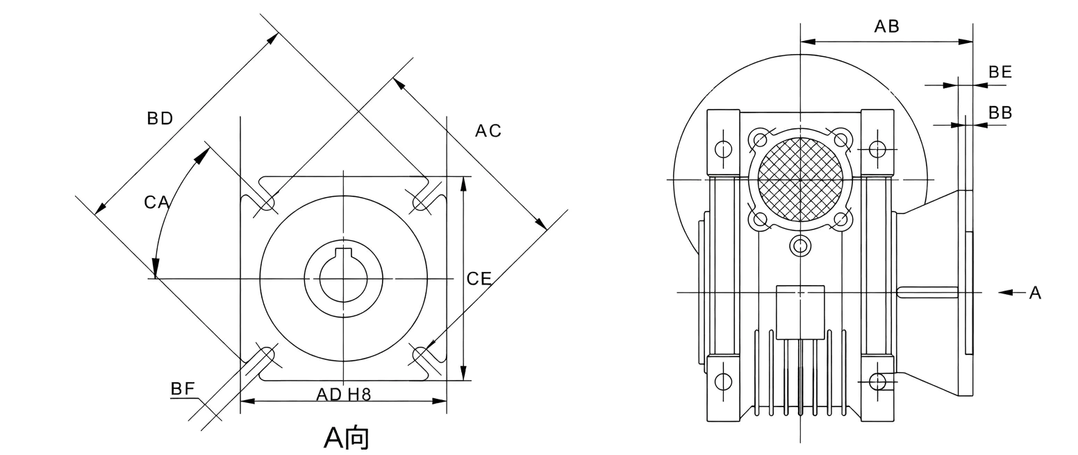 GBC-NMRV worm gearbox output flange mounting dimensions with bolt circle diameter and pilot spigot specifications