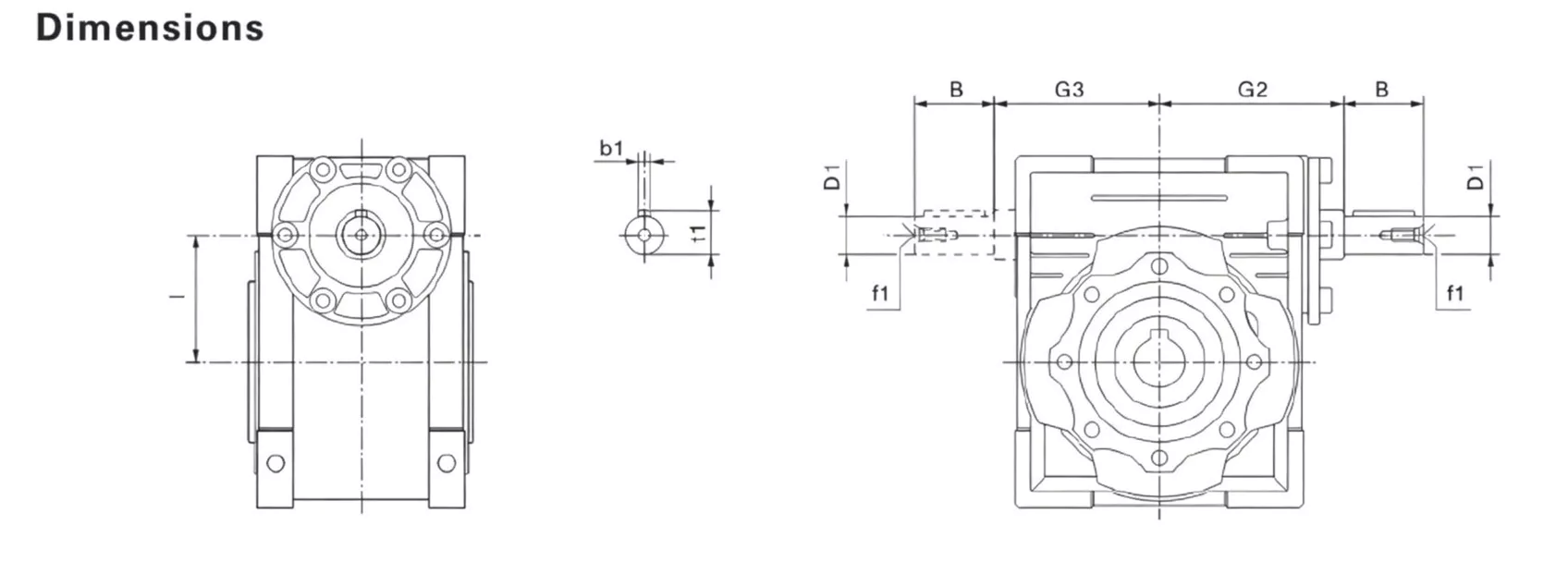 GBC-NRV-F worm gearbox outline dimensional drawing with mounting dimensions for models NRV-F025 to NRV-F150