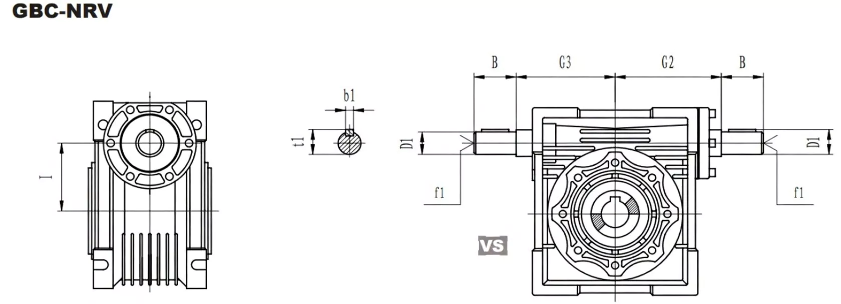 GBC-NRV-VS dual shaft worm gearbox outline installation dimensions for models 025 to 150