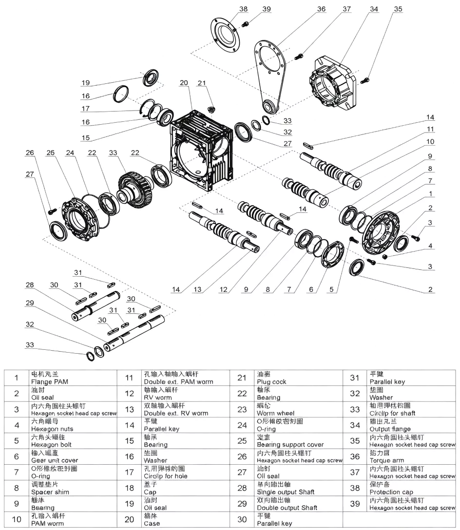 GBC-NRV-VS worm gearbox exploded parts drawing showing dual input shafts, worm gear, bearings, seals, and housing components