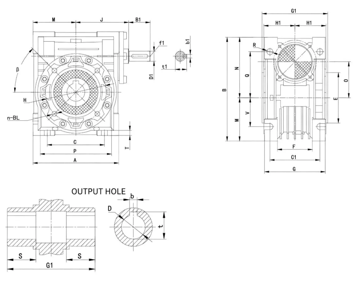 GBC-NRV worm gearbox overall dimensional drawing showing input shaft diameter, centre height, mounting bolt pattern, and output shaft dimensions for models GBC-NRV025 to GBC-NRV150