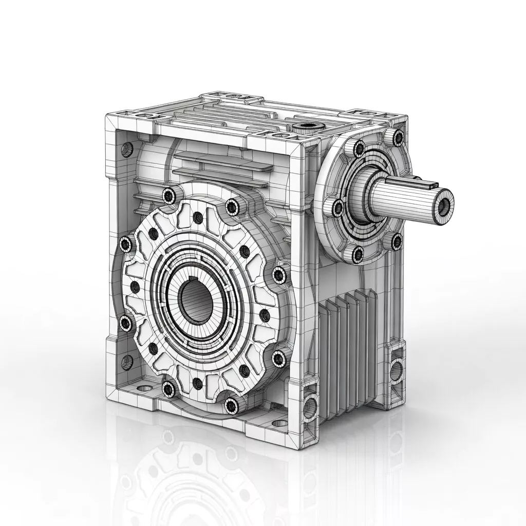 Close-up of GBC-NRV worm gearbox showing cooling ribs, precision-machined input shaft, and die-cast iron housing detail