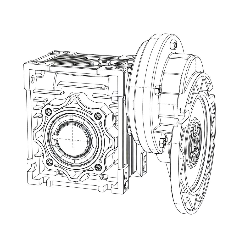 PC + GBC-NMRV worm gearbox close-up showing helical pre-stage unit connected to NMRV worm reducer