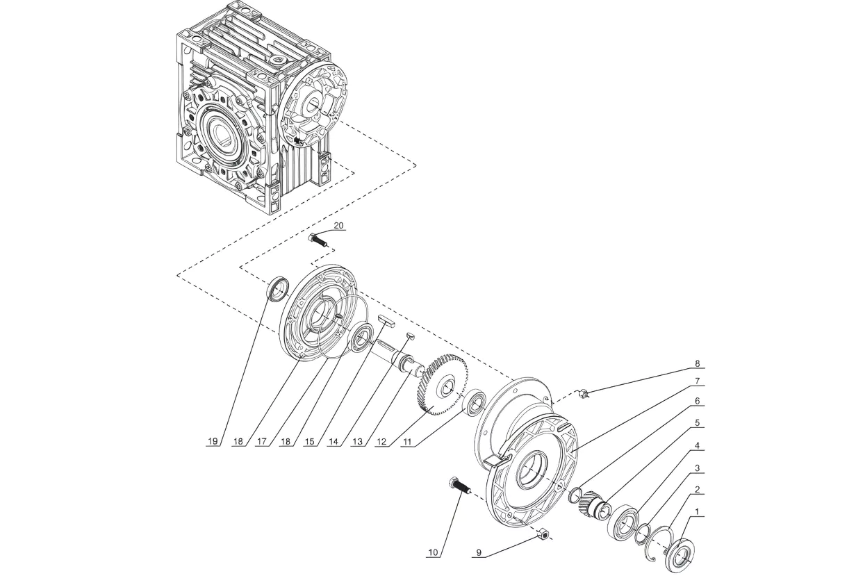 PC + GBC-NMRV worm gearbox exploded parts structure drawing showing helical pre-stage and worm stage components