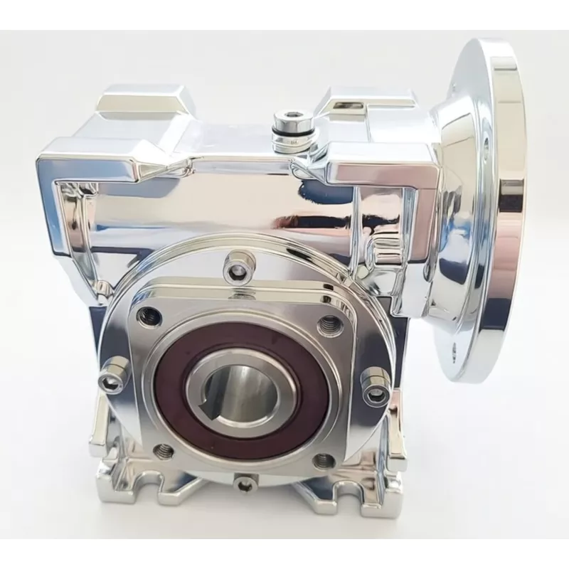 SSRV-090 stainless steel worm gearbox showing electrolytically polished 304 stainless housing and precision-cast design