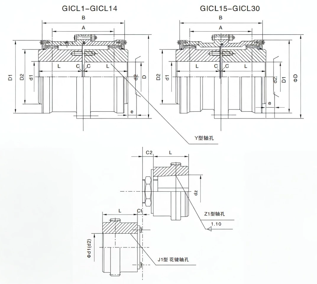 GICL drum shape gear coupling dimensional drawing and specification diagram