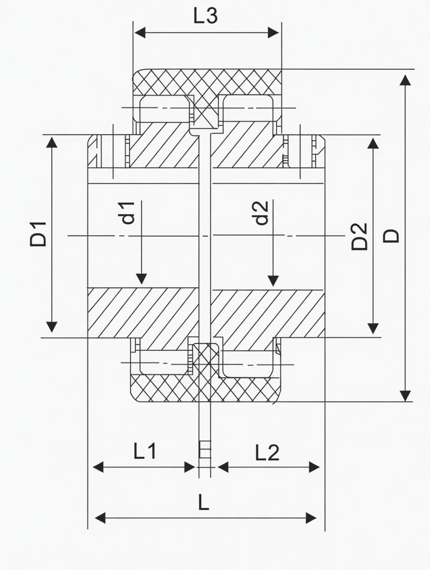 NL type nylon gear flexible coupling dimensional drawing showing D1 D2 L L1 L2 L3 E d1 d2 dimensions