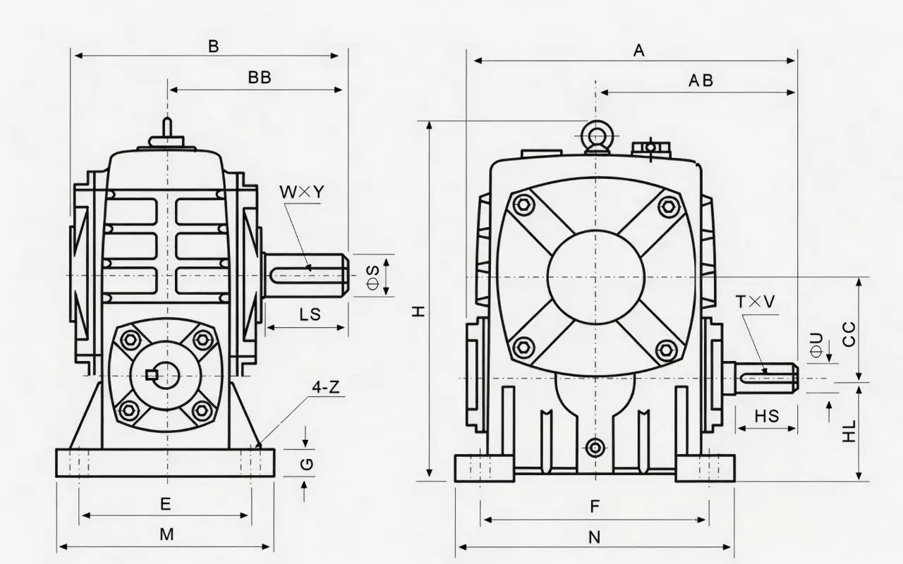 WPA worm gear reducer dimensional specification drawing