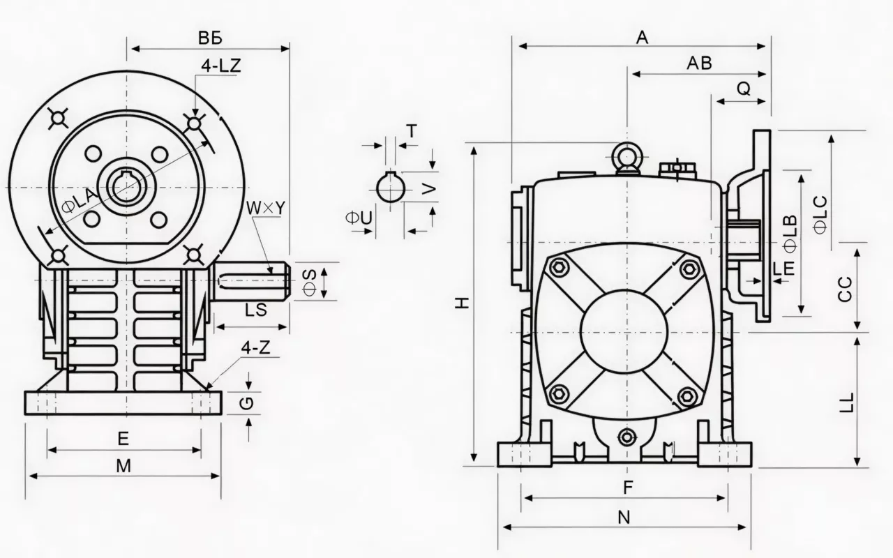 WPDS flange-mounted worm reducer with cooling fins specification drawing