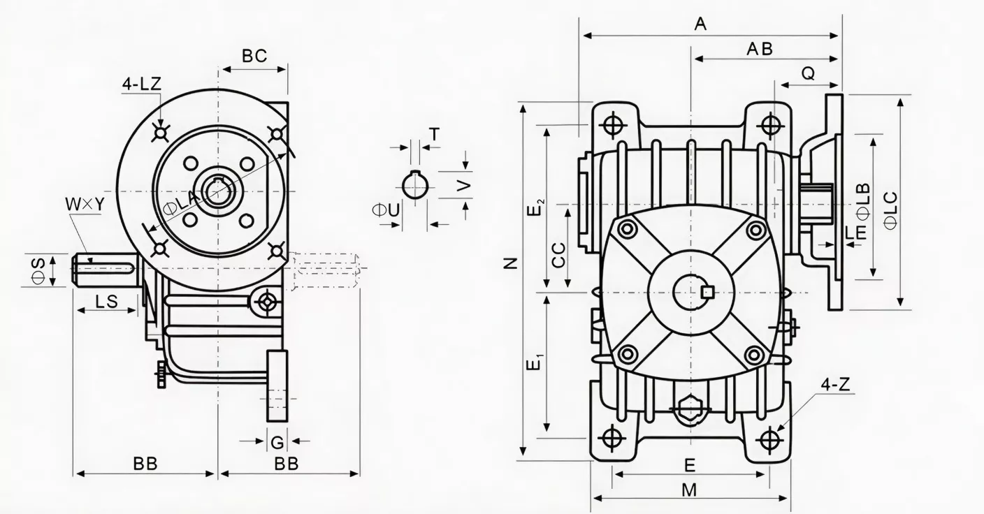 WPDO vertical mount flange worm reducer specification drawing