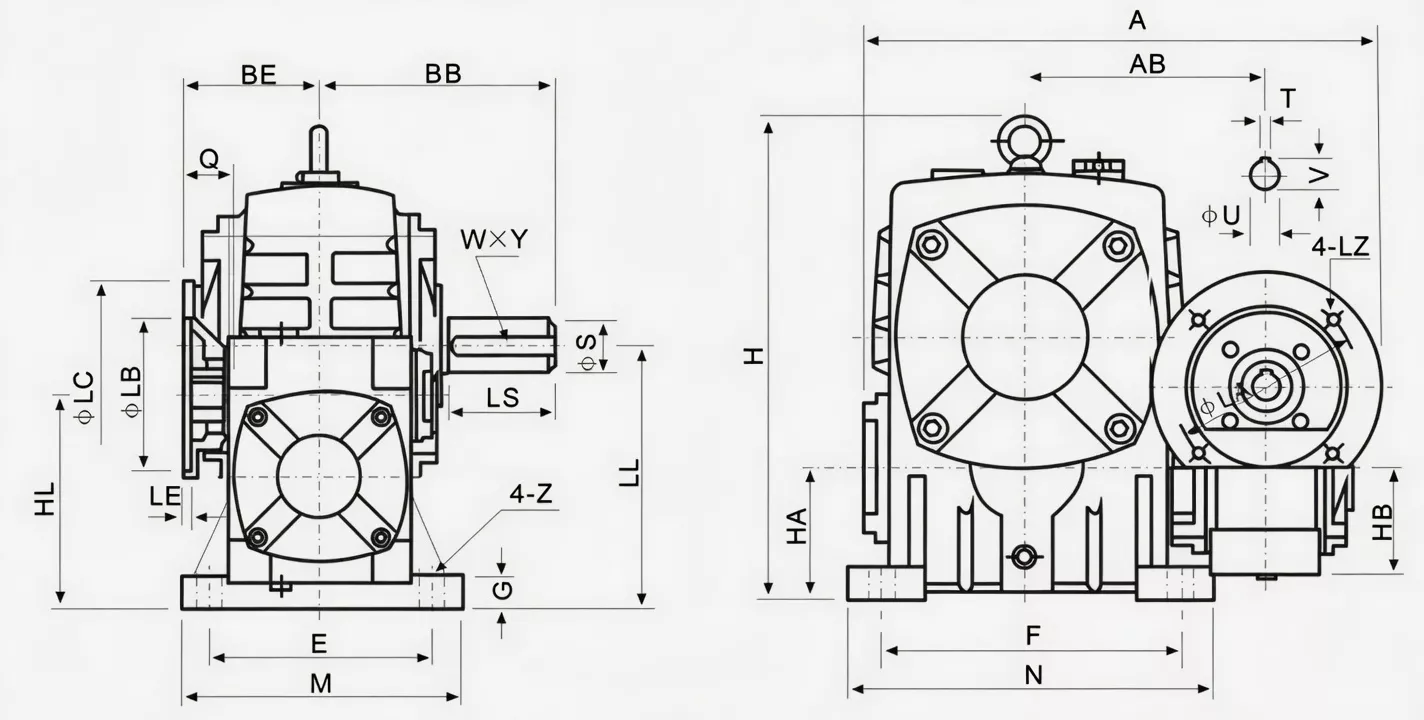 WPEDA flange-mounted double speed worm reducer specification drawing