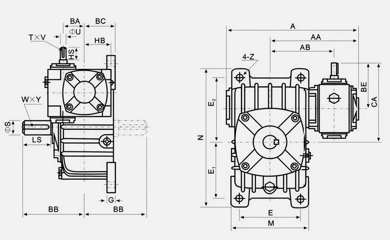WPEO vertical mount double speed worm reducer specification drawing