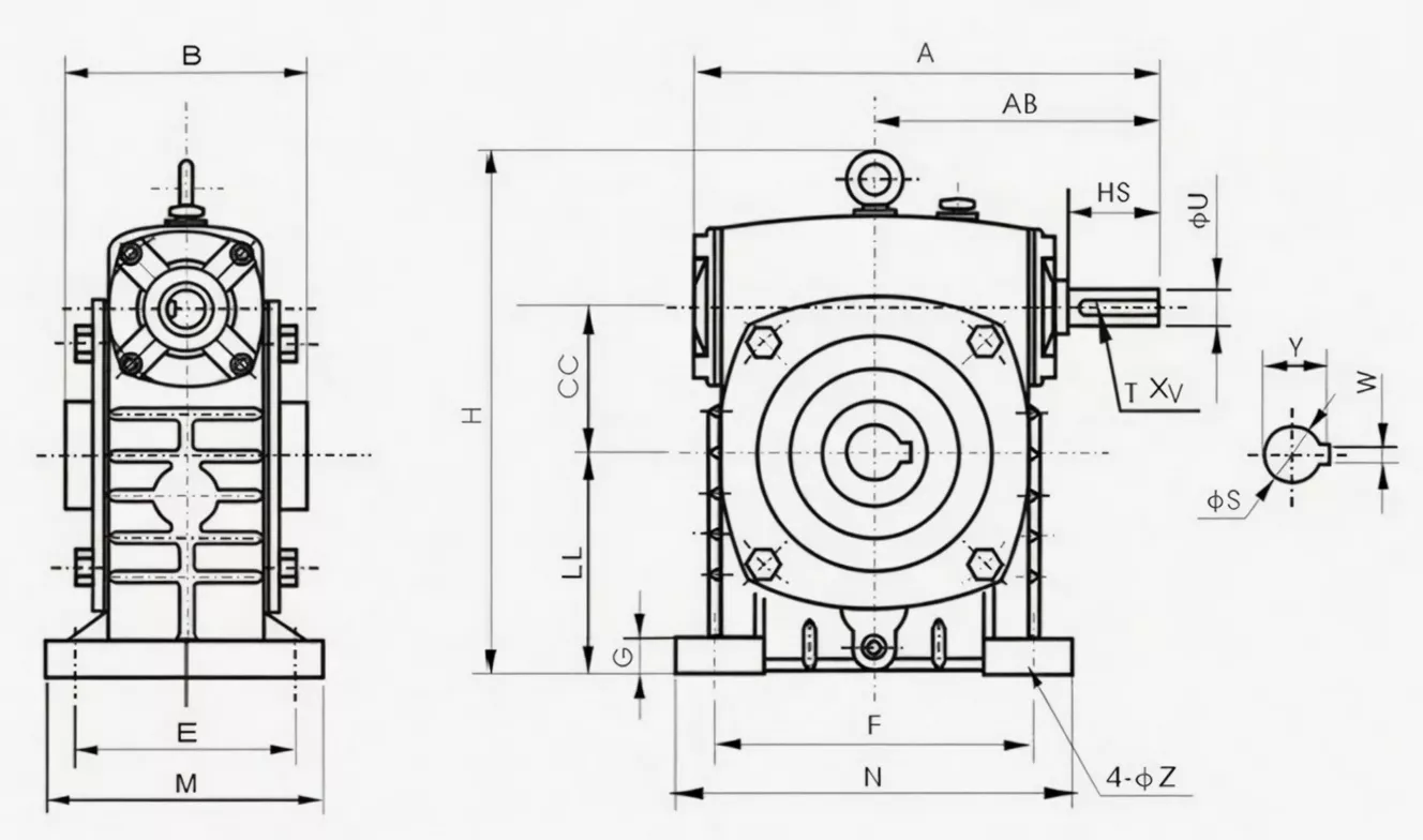 WPKS hollow shaft worm reducer with cooling fins specification