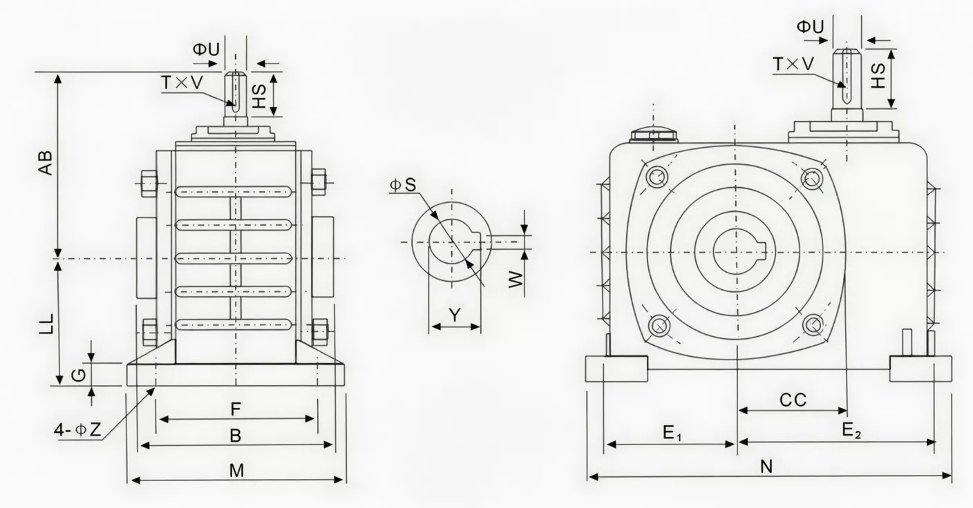 WPKZ hollow shaft vertical output worm reducer specification drawing