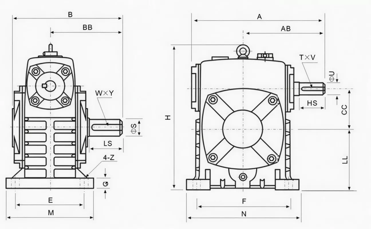WPS worm reducer specification drawing showing cooling fins