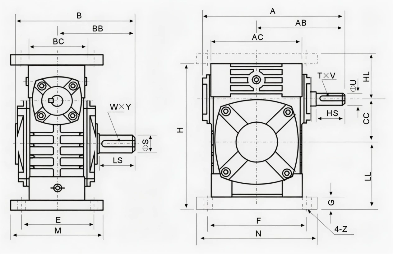 WPWS universal speed worm reducer with cooling fins specification drawing