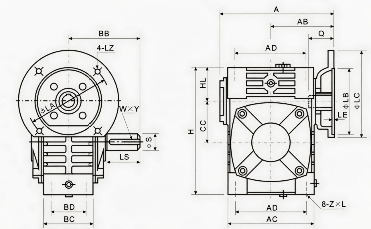WPWD flange-mounted universal worm reducer specification drawing