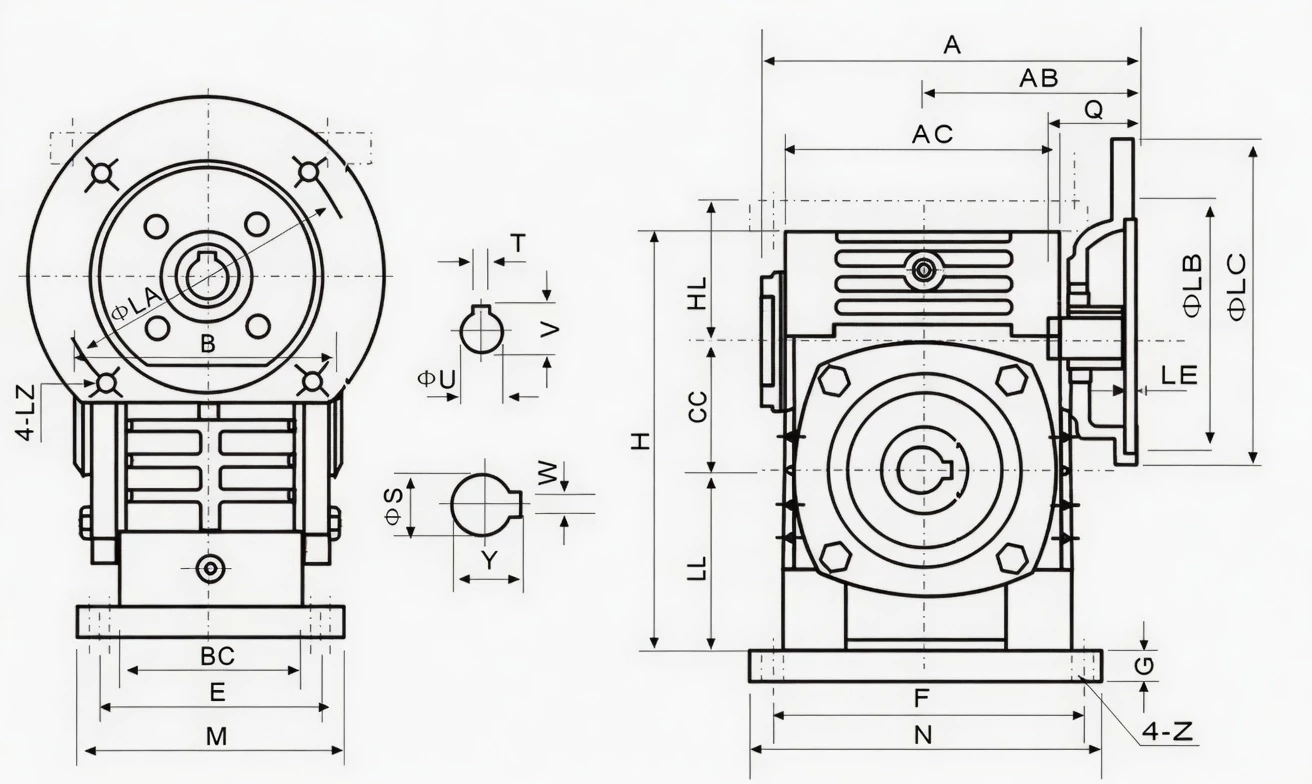 WPWDKA flange-mounted hollow shaft multi-direction universal worm reducer specification