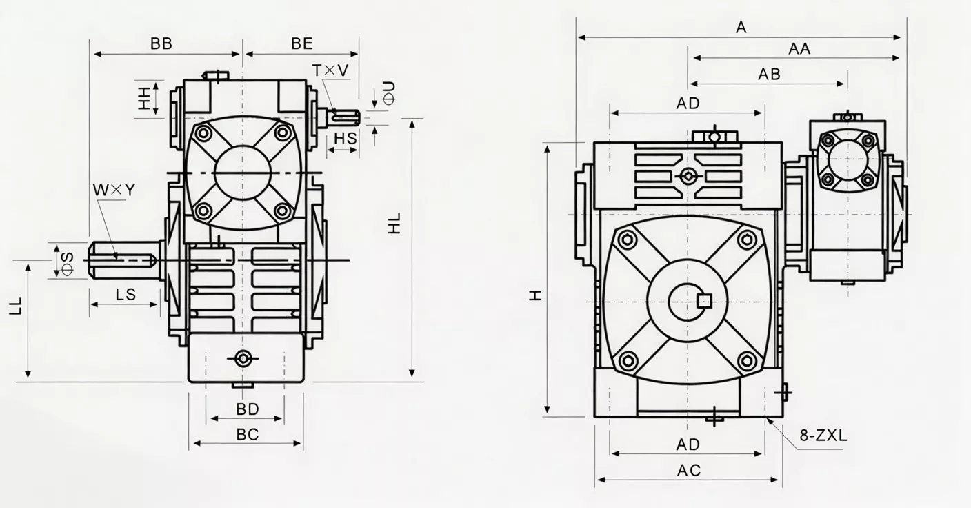 WPWE flange-base double speed worm gear reducer specification drawing