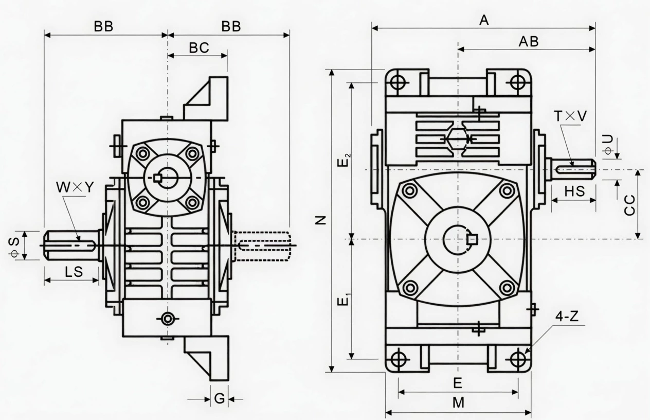 WPWO multi-direction universal worm reducer specification drawing