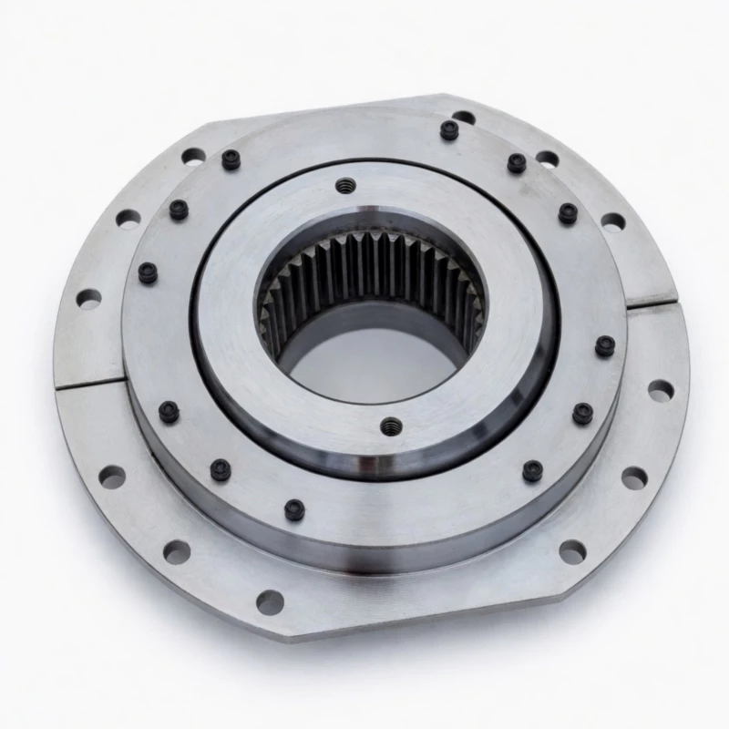 DC drum series crowned gear coupling for crane hoist drum complete assembly showing loading ring, outer sleeve, half-coupling, wear pointer, and lubrication nipple