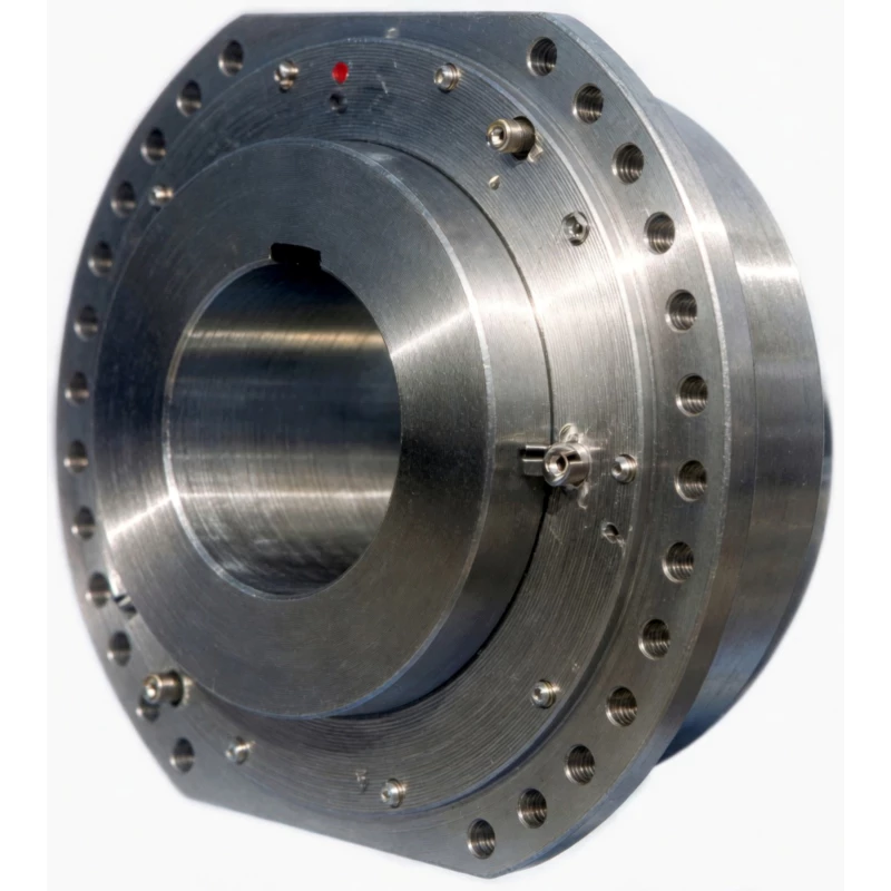 DC drum series crowned gear coupling close-up showing loading ring spherical face, wear pointer indicator, and drum connection flange bolting arrangement