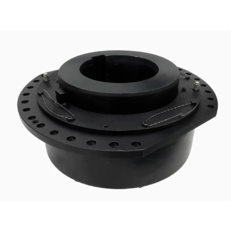 DC drum series crowned gear coupling installed on crane hoist drum showing complete assembly with outer sleeve flange bolted to drum end plate and gearbox shaft connection