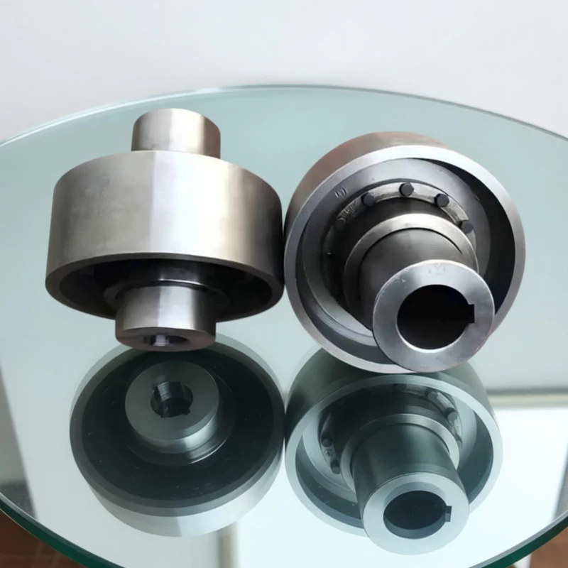 WGZ gear coupling with brake drum installed on crane drive shaft showing shoe brake pads engaging cylindrical drum surface