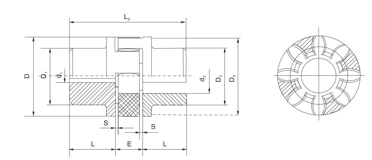 A Type Standard Flexible Jaw Coupling specification drawing showing dimensions L0, D, E, S