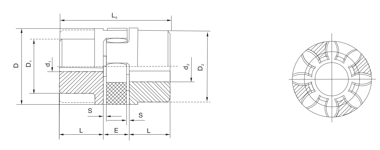 B Type Large Bore jaw coupling specification drawing with steel sleeve hub detail