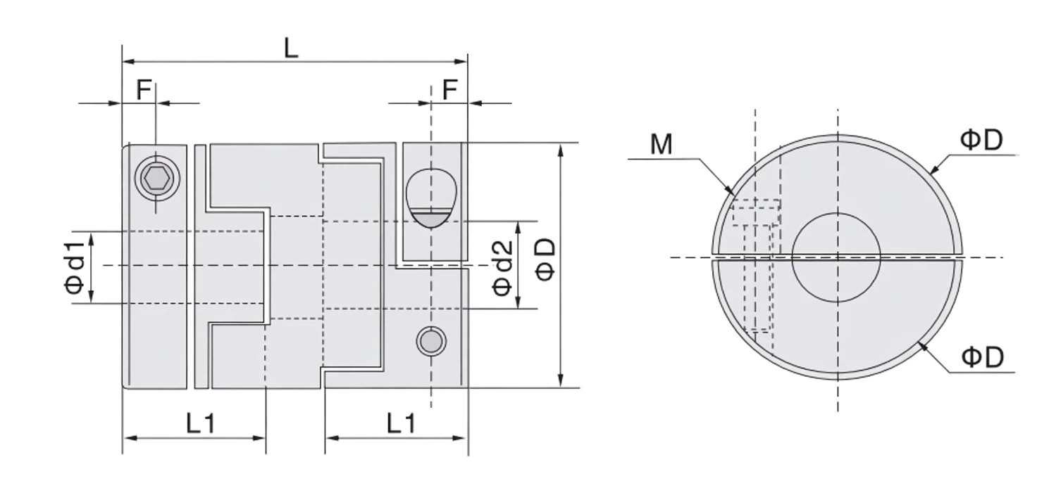 GBC6C Clamp Type Oldham Coupling dimensional drawing — D, L, F, L1, M dimensions and clamp bolt reference