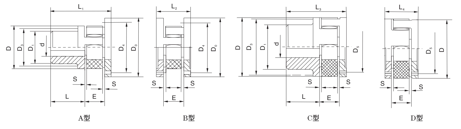 F Type flanged jaw coupling specification drawing with bolt circle and flange dimensions