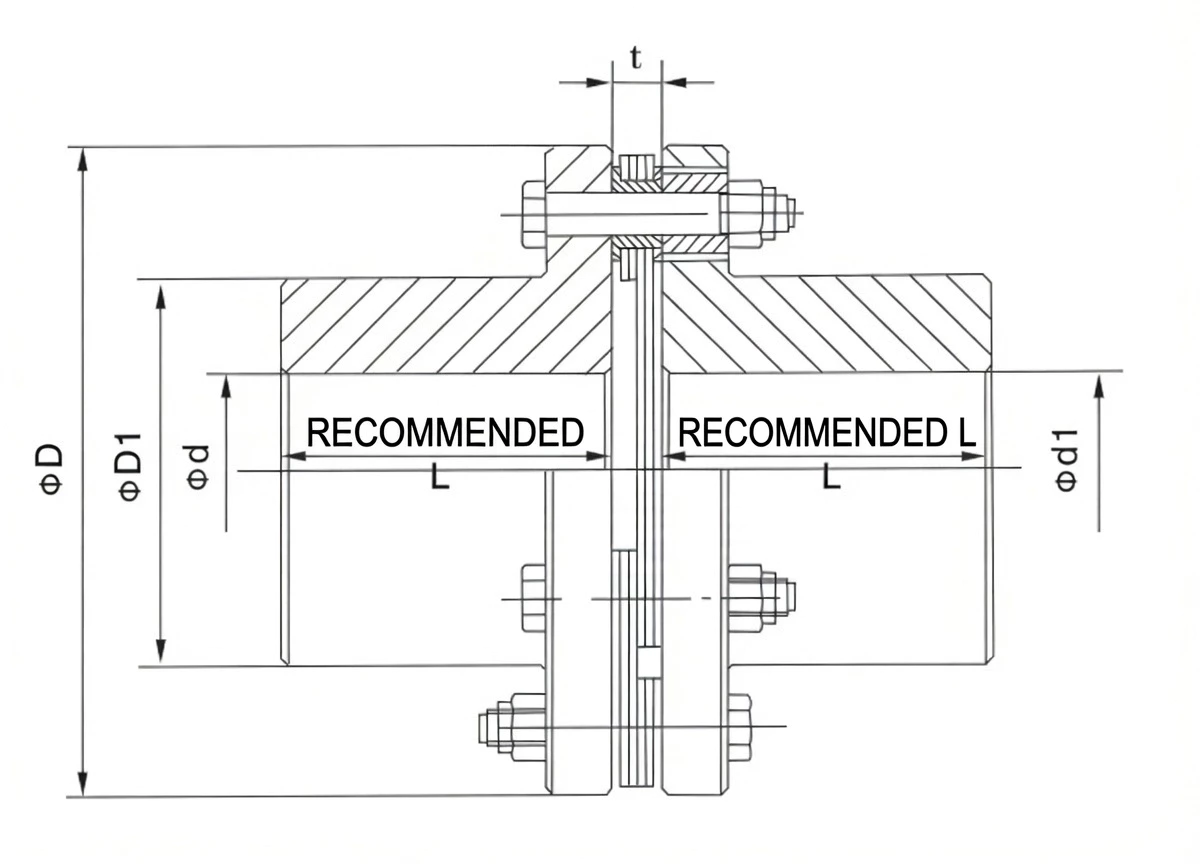 JM type diaphragm coupling intermediate shaft dimension drawing D D1 d L J1 Y-type bore