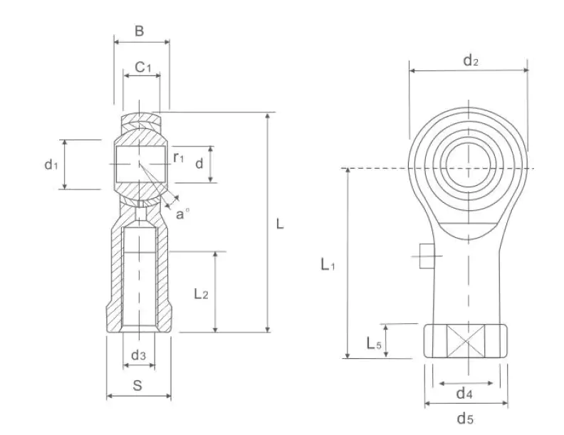 PHSB rod end bearing specification drawing