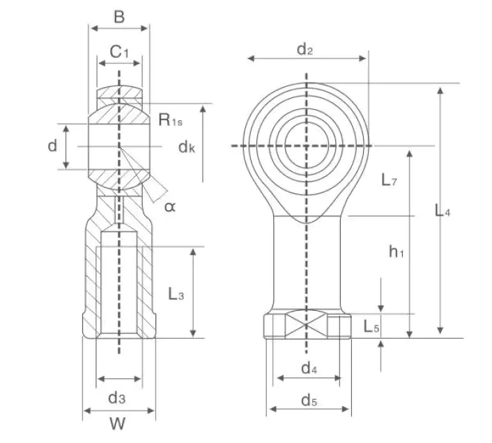 SI TK rod end bearing specification drawing