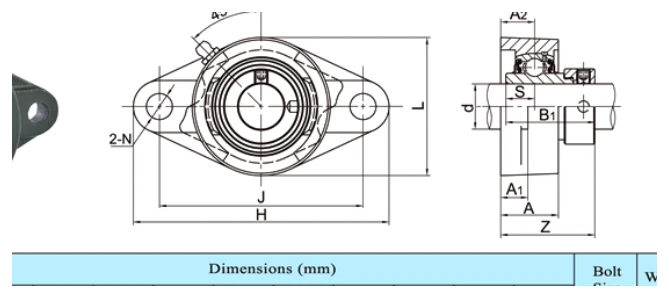 NAFLU200 extended housing 2-bolt oval flange dimensional drawing specifications