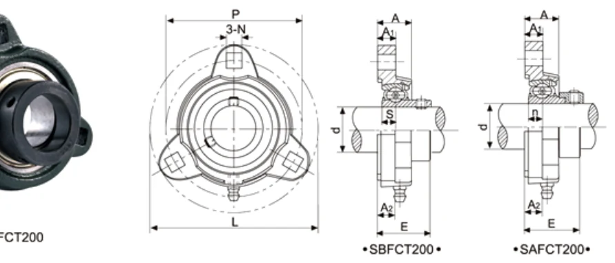 SBFCT200 SAFCT200 3-bolt ductile iron flange dimensional drawing L P A1 A A2 N S E specifications