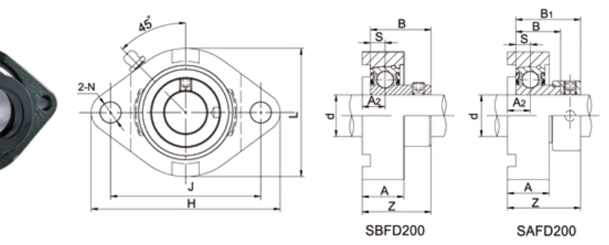 SBFD200 SAFD200 FD housing 2-bolt oval flange dimensional drawing specifications