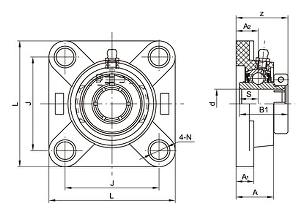 TP-SUEF Thermoplastic 4-Bolt Flange Bearing Units technical drawing