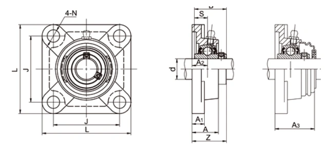 UCF200 4-bolt flange bearing dimensional drawing L J A2 A1 A N B S Z specifications